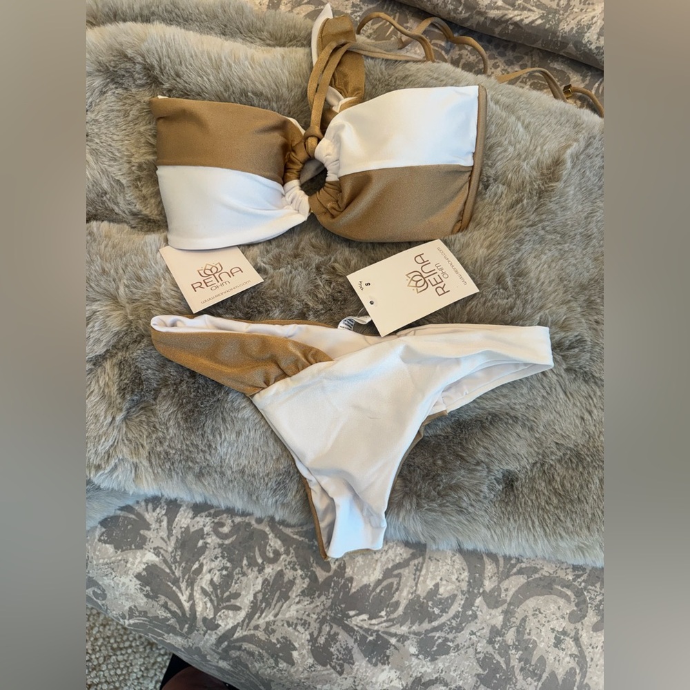 Reina OHM Olga White and gold Bikini Set. Gorgeous material.🔥🔥🔥🔥